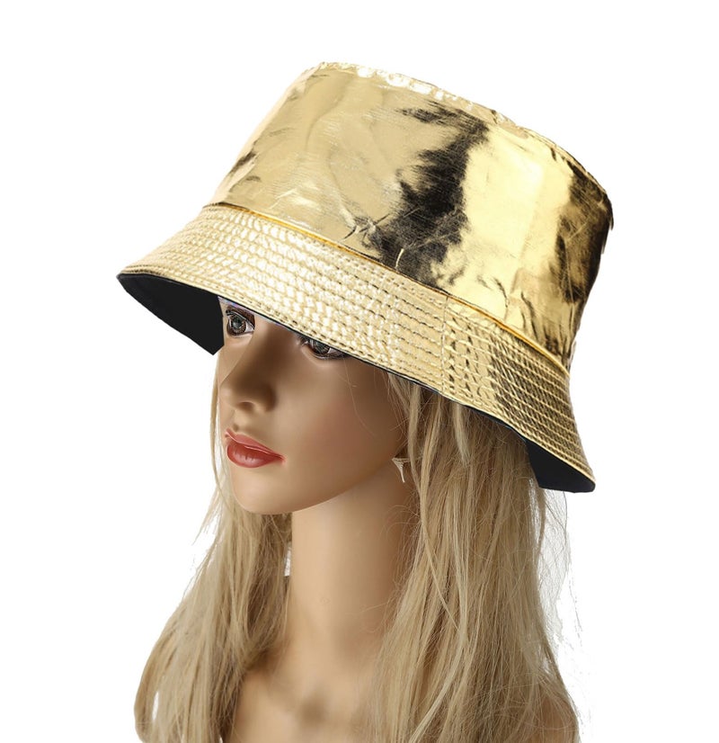 Joylife Metallic Bucket Hat Trendy Fisherman Hats Unisex Reversible Packable Sun Cap, Gold - Image 3